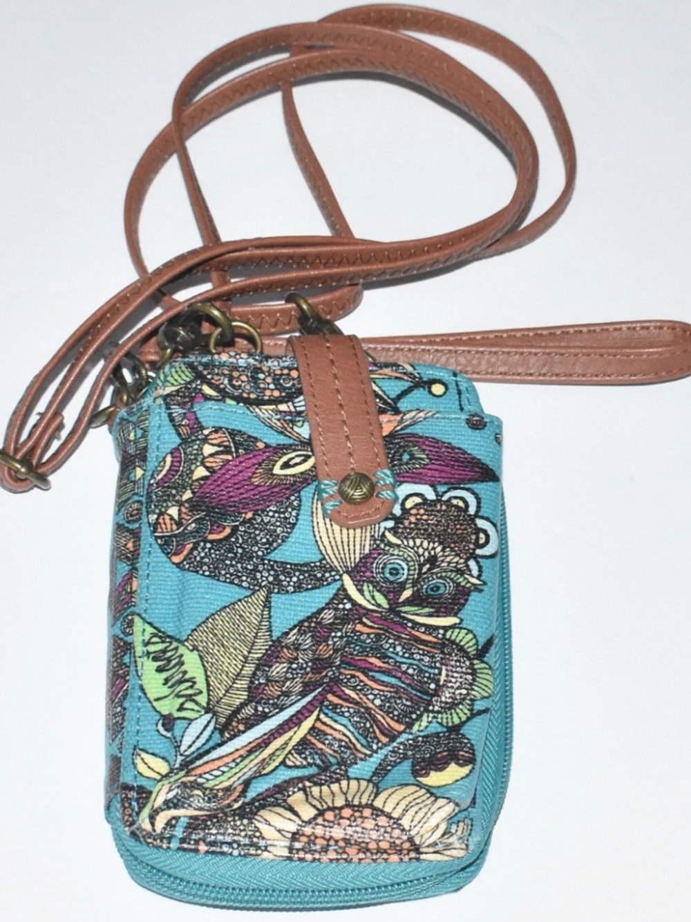 Sakroots Coated Canvas Owl Pattern Phone Holder Crossbody Wallet Wristlet New!